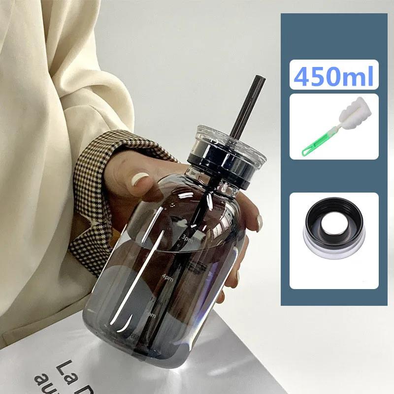 450/750ml Large Glass Water Bottle with Straw 2 Lids Clear Kawaii Drinking Bottle Leakproof Cup for Woman Girl