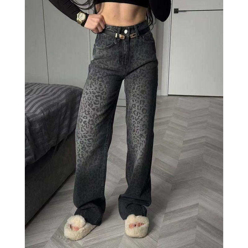 

Джинсы в западном стиле с новым леопардовым принтом, с высокой талией, длинные повседневные брюки-микропулл для швабры, джинсы с высокой посадкой Leopard print L