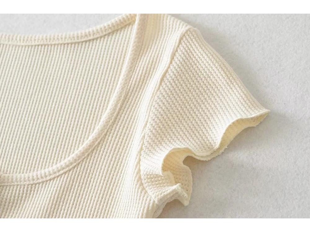 American Style Slim Fit U-Neck Buttoned Waffle Knit Crop Top for Women