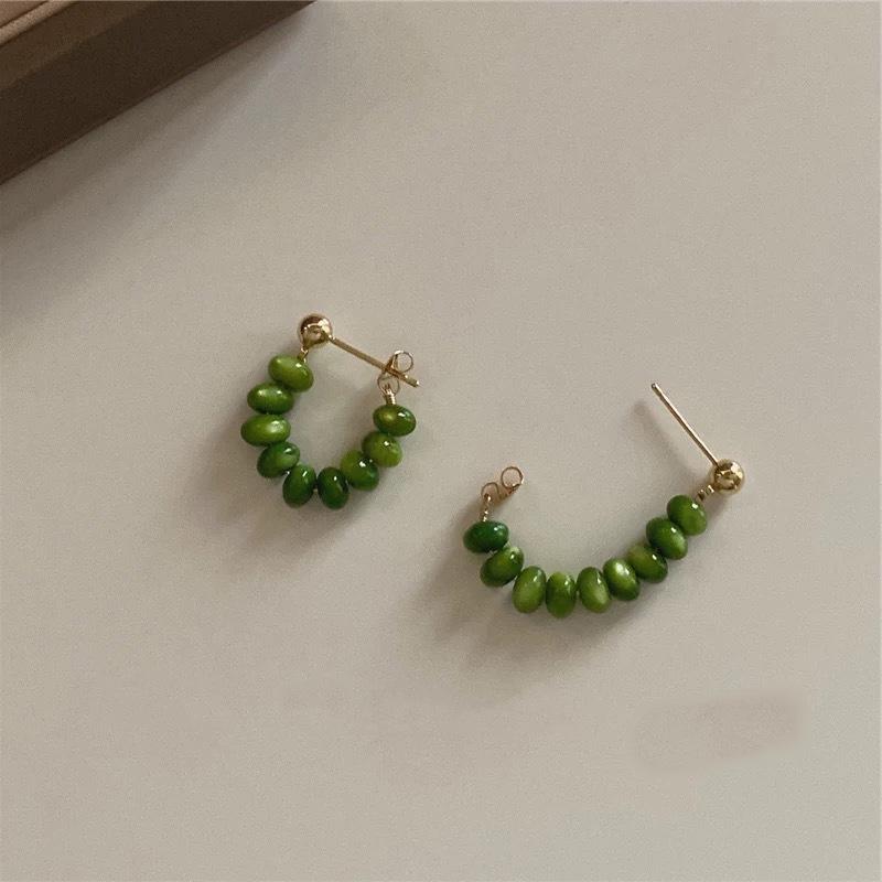 Forest Green Retro Beaded Hoop Earrings - Women's Ins Style