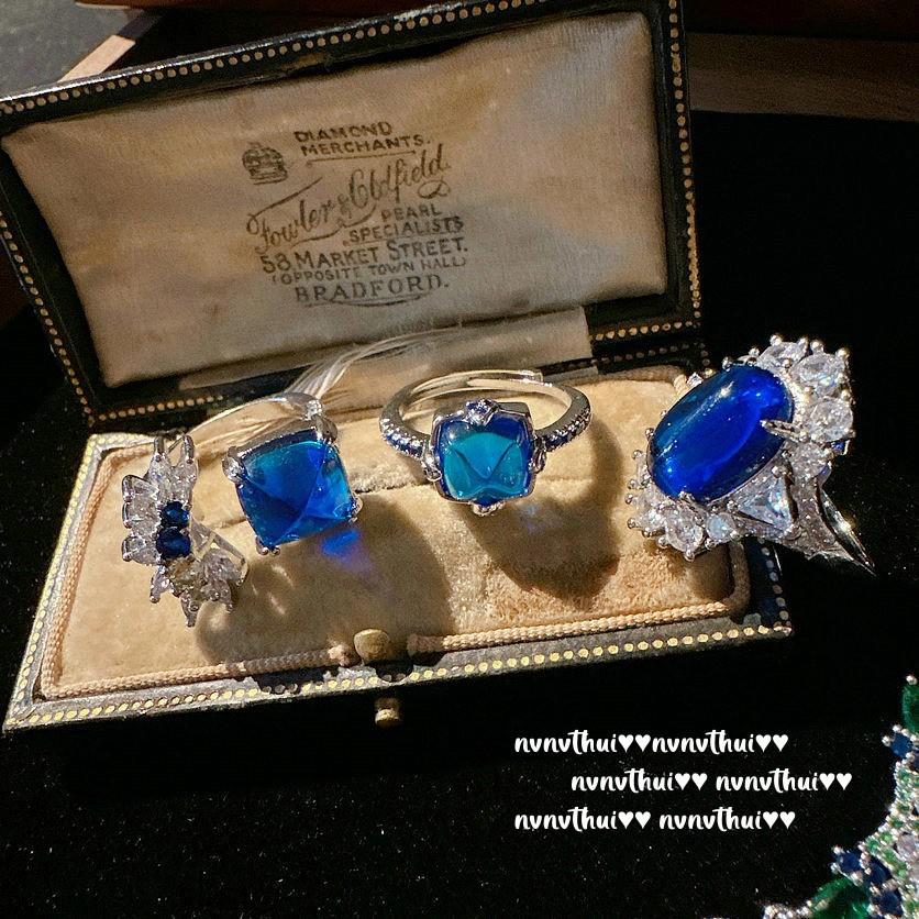 Reykjavik Deep Sea Blue Love Flower Branch Earrings Antique, 18K Gold Plated, Dai Blue Egg Zircon Ring