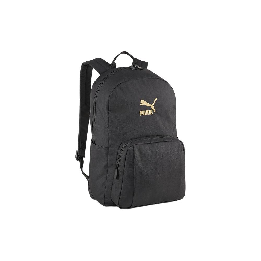 PUMA Solid Color Large Capacity Zipper Closure Nylon Backpack Unisex Backpack Black Gold 090568-02 Black & Gold