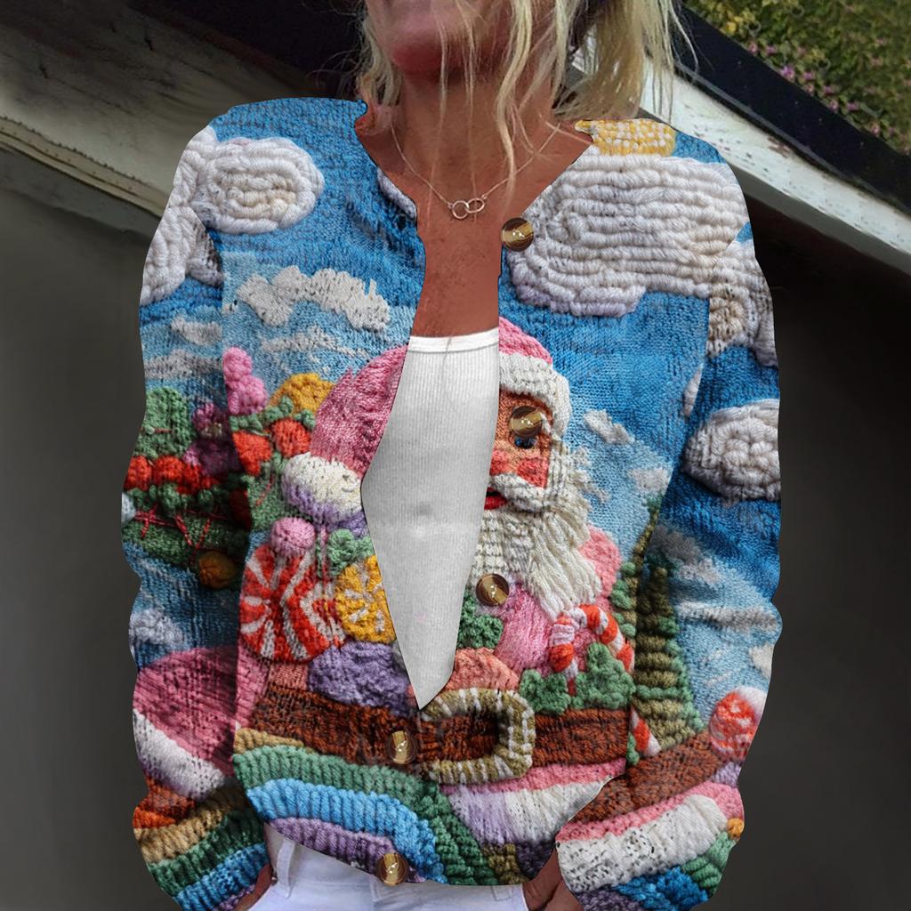 Women's Fashion Christmas Print Long Sleeve Knitted Cardigan Button Jacket