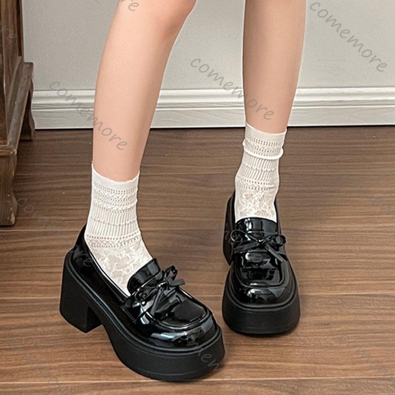 Fashion Comemore Thick Bottom Round Head Student Black Loafers Spring Autumn Japanese Sytle Round Toe Slip on Pumps High Heel Women Shoe