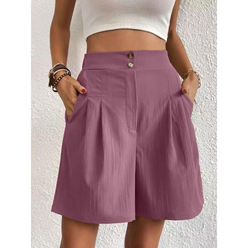 

Pinkycolor Fashion Summer Women Solid Color Double Button High Waisted Comfortable Straight Cylinder Loose Multicolor Shorts 2XL фіолетовий