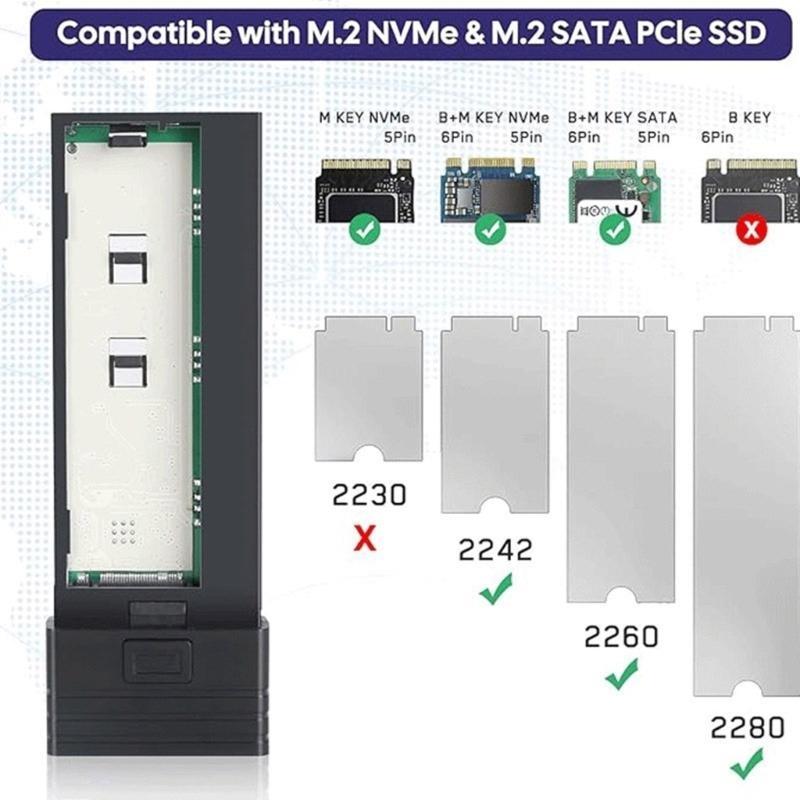 Fast Speed M.2 SSD Enclosure Box USB C 3.2 Interfaces Aluminum Case For NVMe , Supports 2242/2260/2280 Size