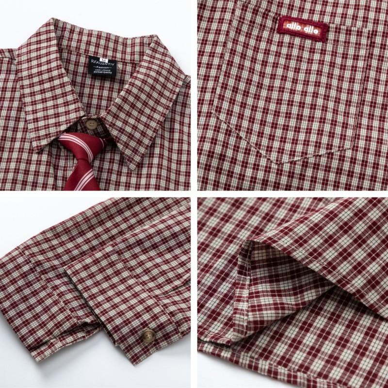Mens Long Sleeve Plaid Shirt Japanese Vintage Style Loose Fit Casual Couples