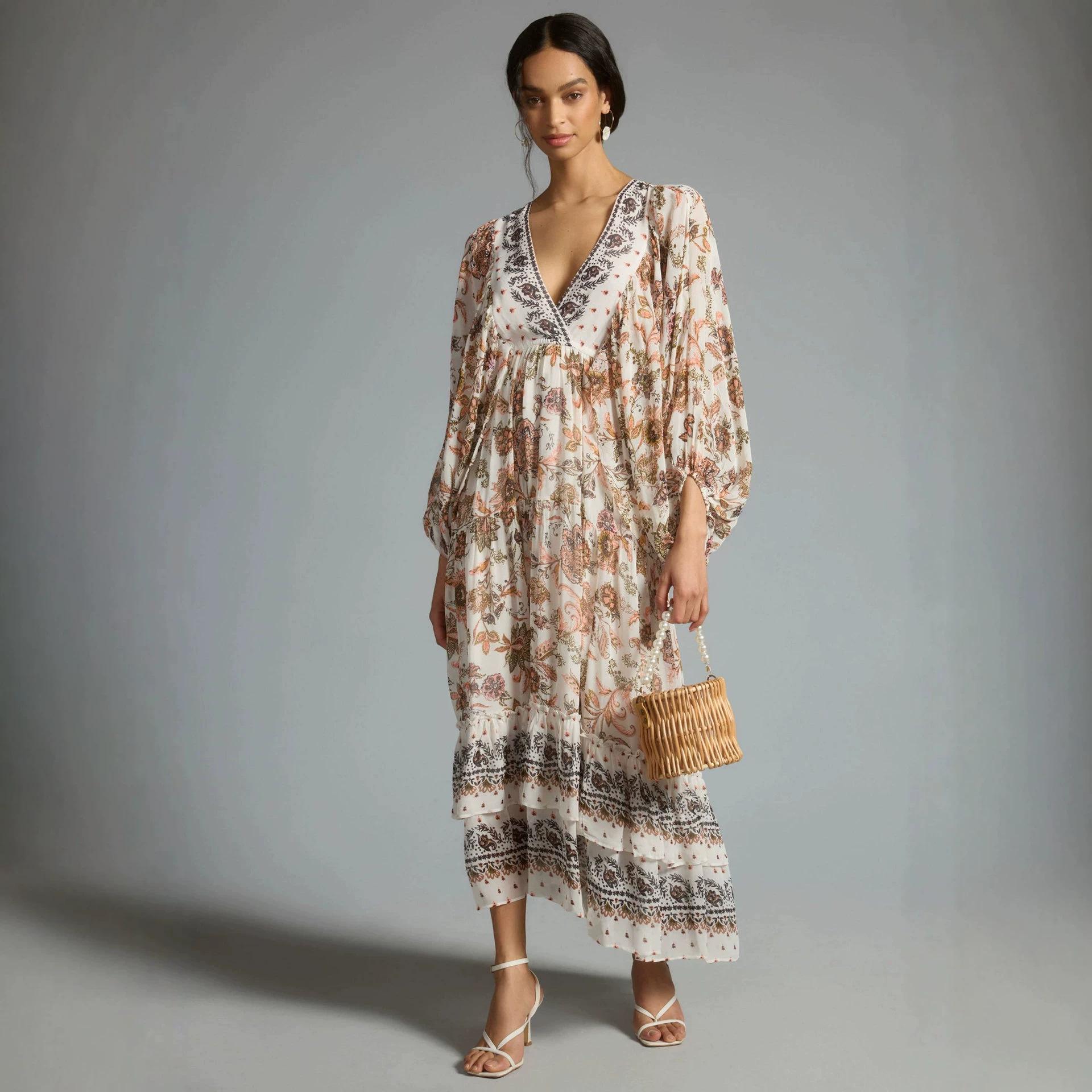 Light luxury bohemian retro floral print V-neck dress lantern sleeve waist holiday elegant long dress XS