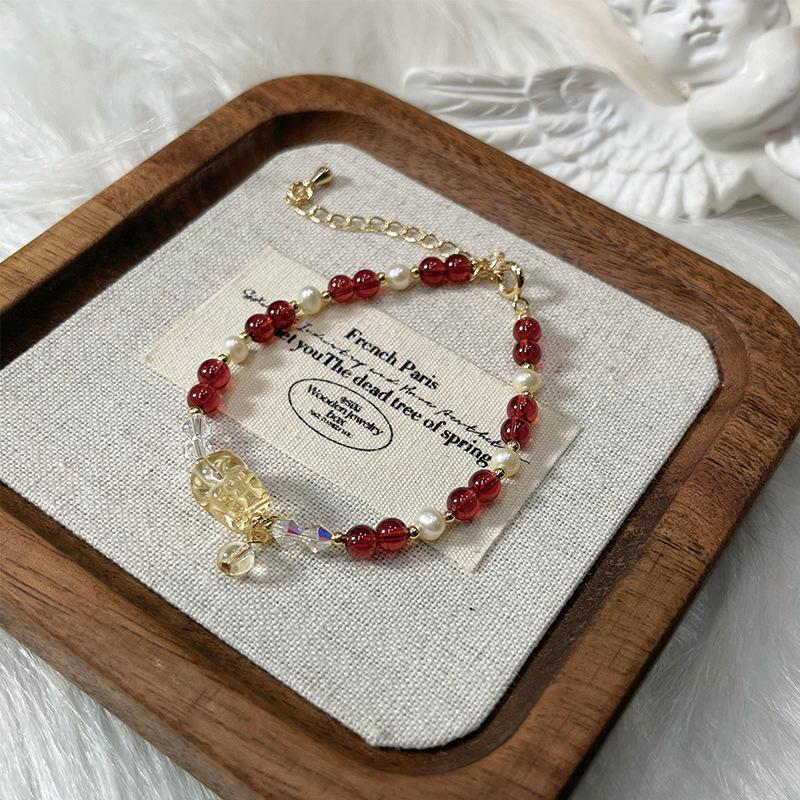 Qiaoen Women's Pixiu Crystal Bracelet with Burgundy Garnet, Citrine, and Freshwater Pearl