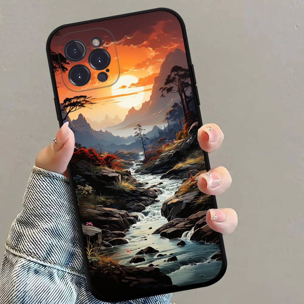 Landscape Painting Square Matte Silicone Case For Iphone17 Air 16 15 14 13 12 11 Pro Max Plus Matte Basic Cover Case
