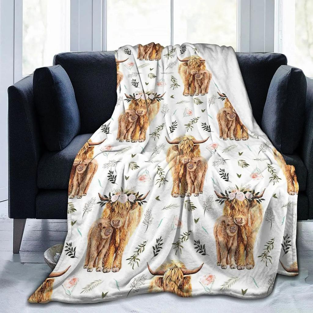 Highland Cow Blanket Natural Western Wildlife Animal Cow Cattle Pattern Landscape All Season Warm Lightweight Blankets for Sofa