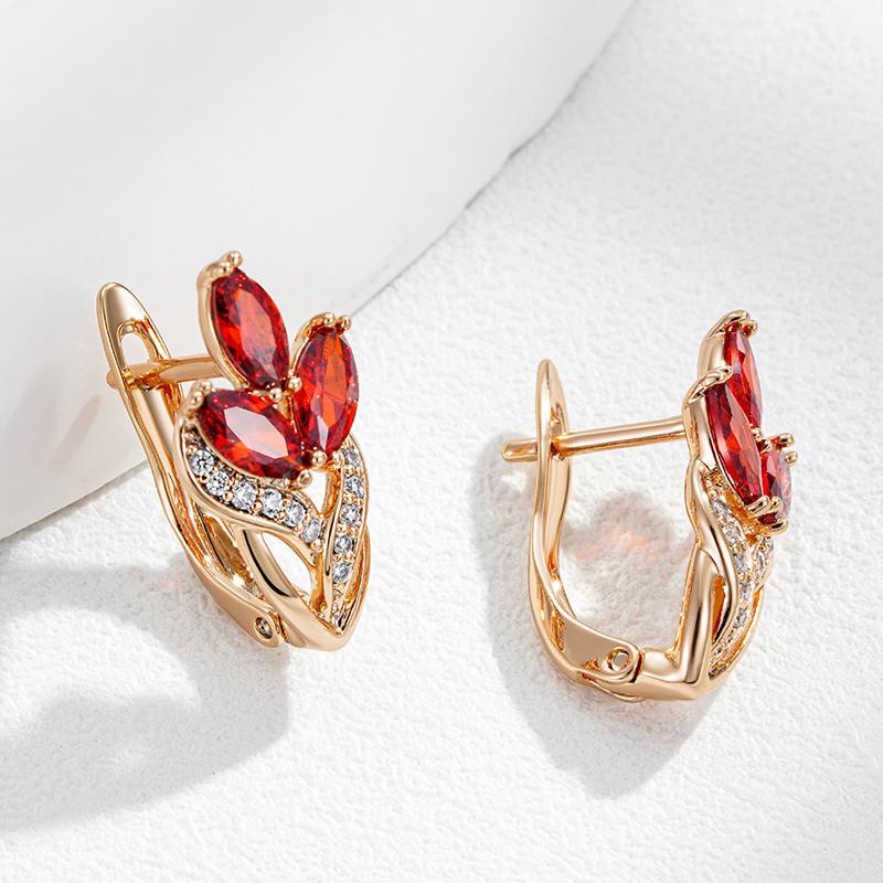 New  Rose Gold Color Crystal Leaf Drop Earrings For Women Red Natural Zircon Accessories Party Daily Vintage Jewelry