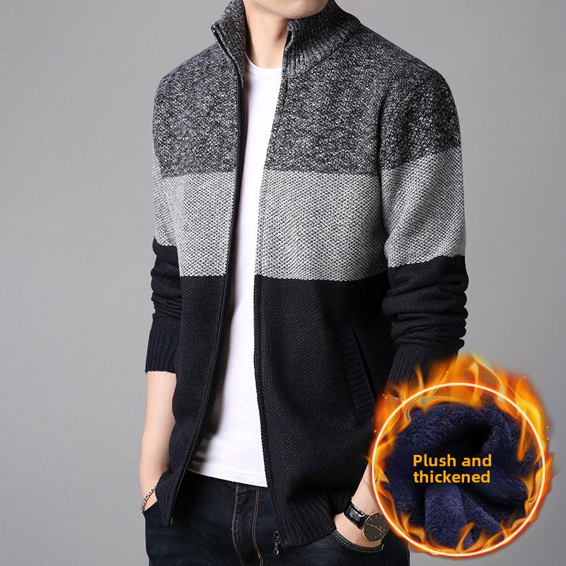 

Мужской кардиган на молнии осень/зима: Трикотажный свитер на бархатной подкладке с воротником-стойкой L