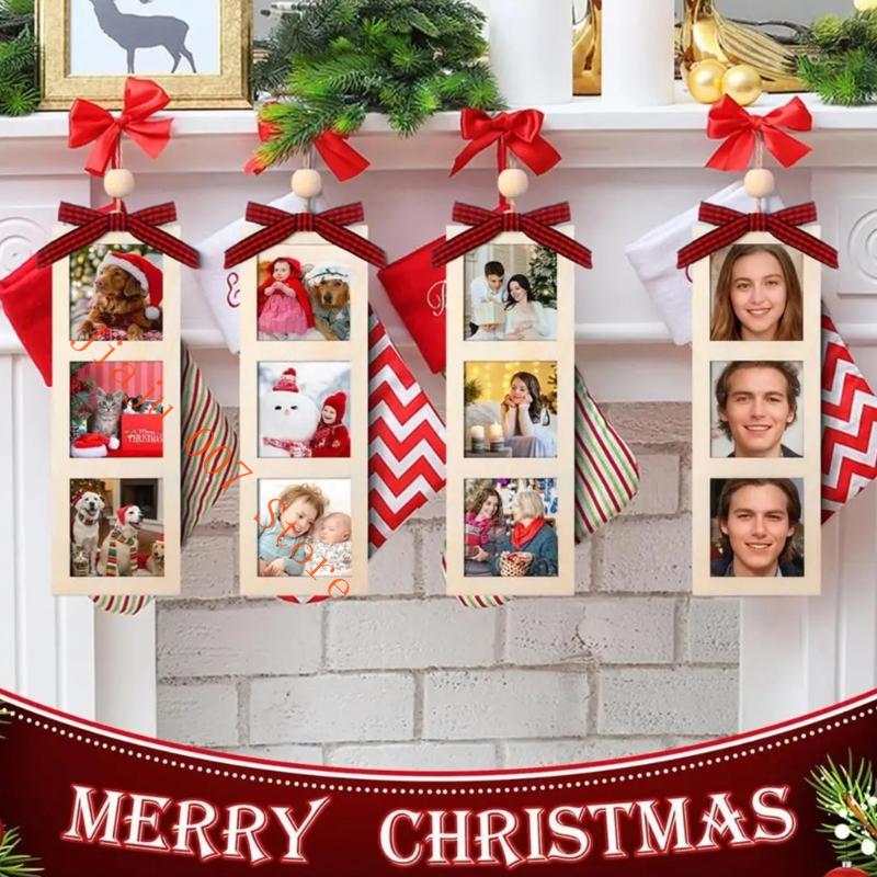 C9GA Pack Of 6 Wooden Christmas Photo Frames For Tree Decors With Hanging Rope Bowknot And Customizable Family Memory Display