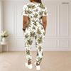 Women Plus Size White Printed Round Neck Short Sleeve Crop Top Drawstring Pocket Pants Two Piece Set