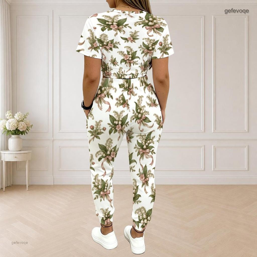 Women Plus Size White Printed Round Neck Short Sleeve Crop Top Drawstring Pocket Pants Two Piece Set