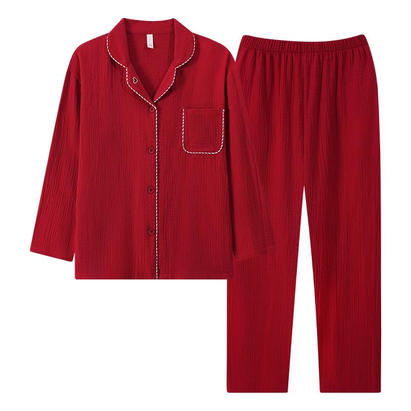 Double-layer cotton yarn baby pure cotton red pajamas couple men and women's pajamas wedding newlywed couple set cotton and linen