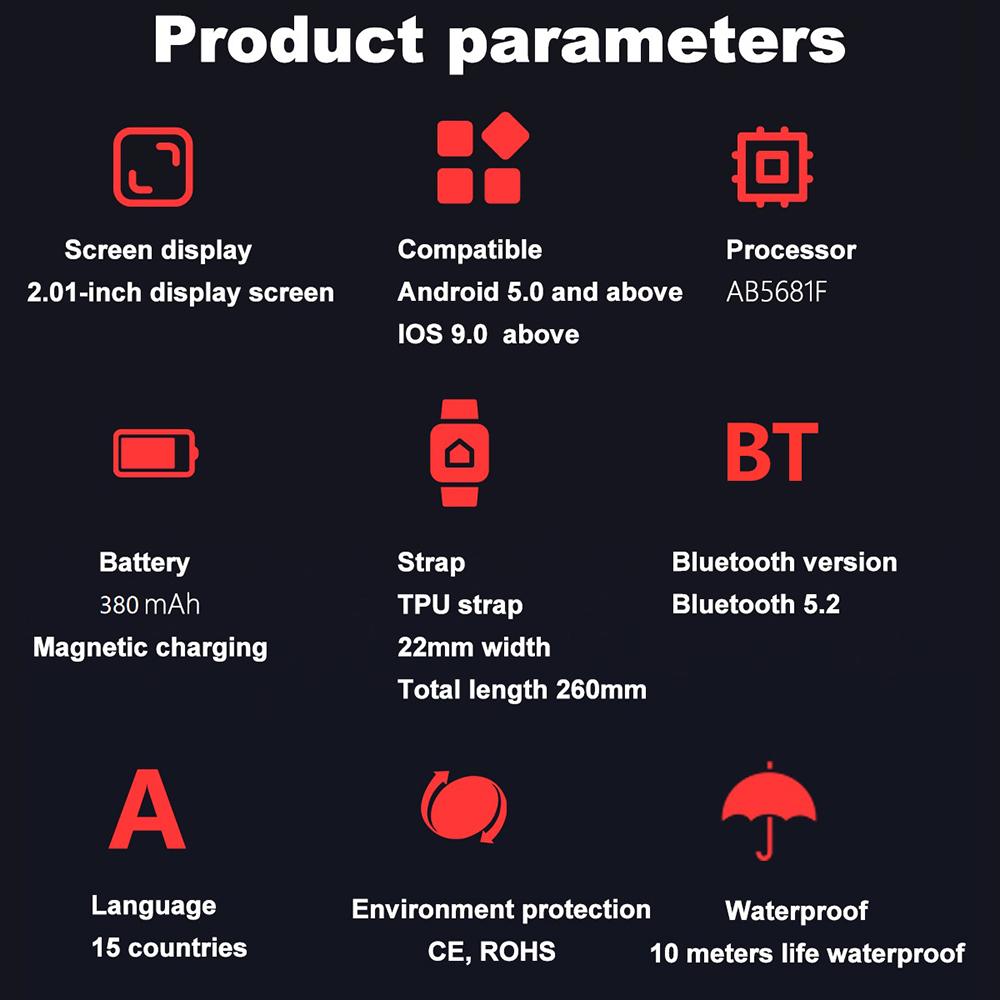 G45 1ATM Wasserdicht 2,01 Zoll Outdoor-Sport Bluetooth-kompatibel Anruf Smartwatch mit Kompass und Taschenlampe