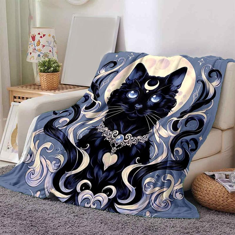 1pc Moonlight Black Cat Blanket  Seasonal Home Decorative Throw, Unique Gift Idea, Living Room, Travel, Camping, Car Blankets
