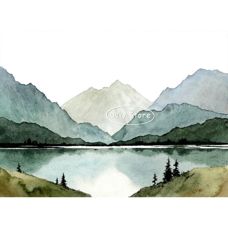 Misty Forest Mountain Lake River Watercolor Landscape Neutral Poster Canvas Printing Minimalist Wall Art Picture Home Room Decor