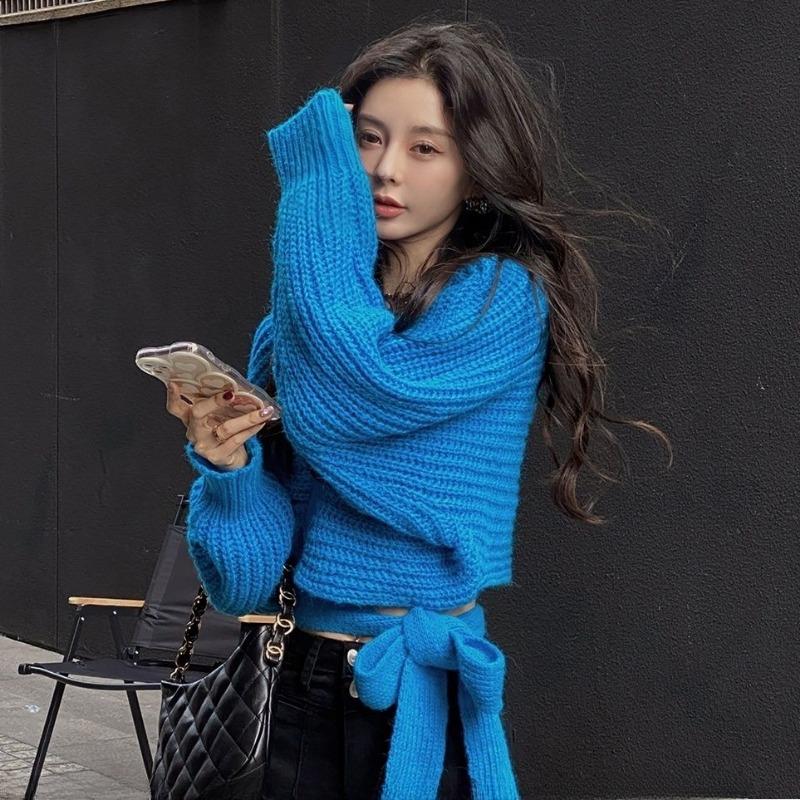 

Корейский модный кардиган, женский осенний винтажный кружевной свитер с нерегулярным v-образным вырезом, свободный сексуальный укороченный свитер с длинными рукавами M синий