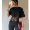 T-shirt Court Sexy pour Femme avec Panneaux en Dentelle Noir Insert en Maille Transparente Manches Courtes Crop Top Tenues de Soirée Club