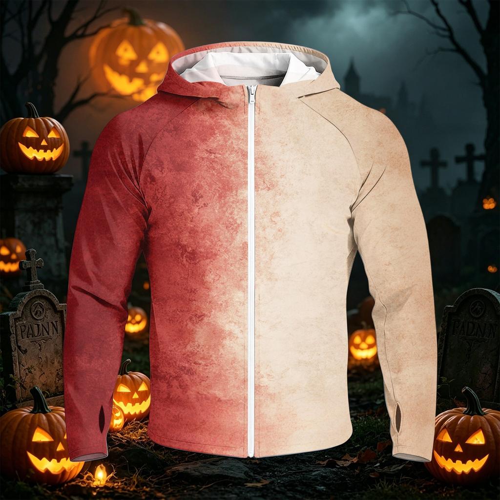 Men's Casual Raglan Sleeve Hooded Long Sleeve Sun Protection Jacket with Halloween Print Full Zip Front Lightweight