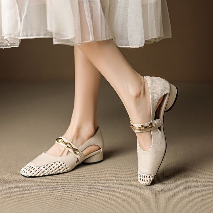 Woven soft leather hollowed out new Chinese summer women's shoes thick sole heightening foot cover super soft one-word single shoes sandals
