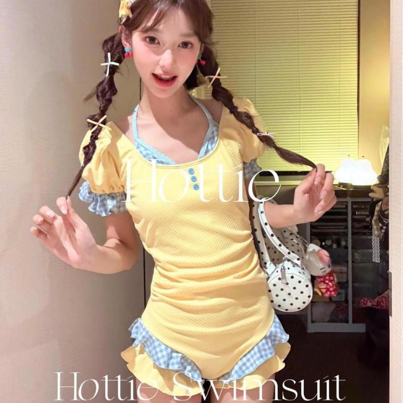 

Vitality Girl Dopamine One-piece Swimsuit Cute Bubble Sleeve Color Contrast Meat-covering Conservative Hot XL