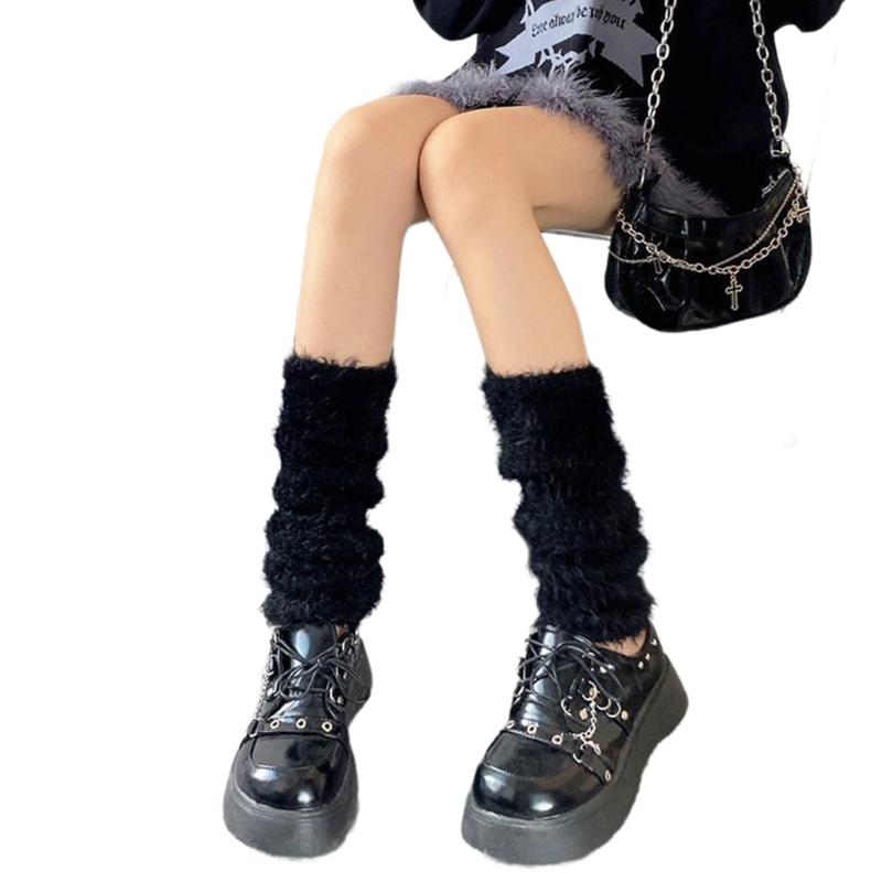 Fuzzy Faux Furs Leg Warmers Furs Heels Long Boots Cuffs Cover Has Elastic One Pair Carnivals Boot Cover Y2K JK Uniform