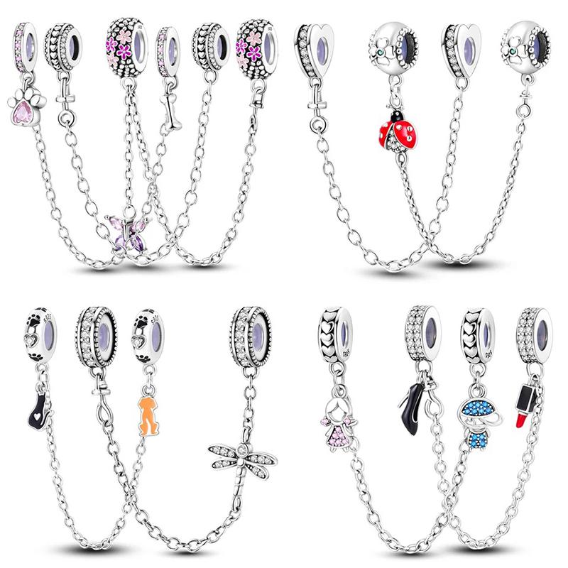 Star Moon Slide Safety Chains Charms 925 Sterling copper Heart Evil eyes Silicone Spacer Beads Fit Original Bracelet DIY Zircon