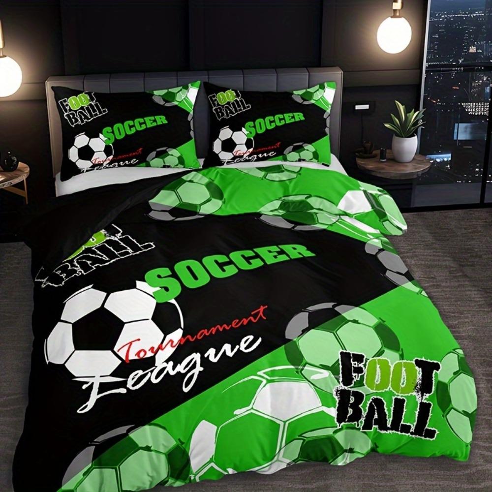 

3 шт. Комплект постельного белья Черно-зеленый с принтом футбольных мячей Уютный комплект с пододеяльником Размер King Queen Twin Single Подарок на день рождения Декор для спальни взрослого EU Single 135x200cm