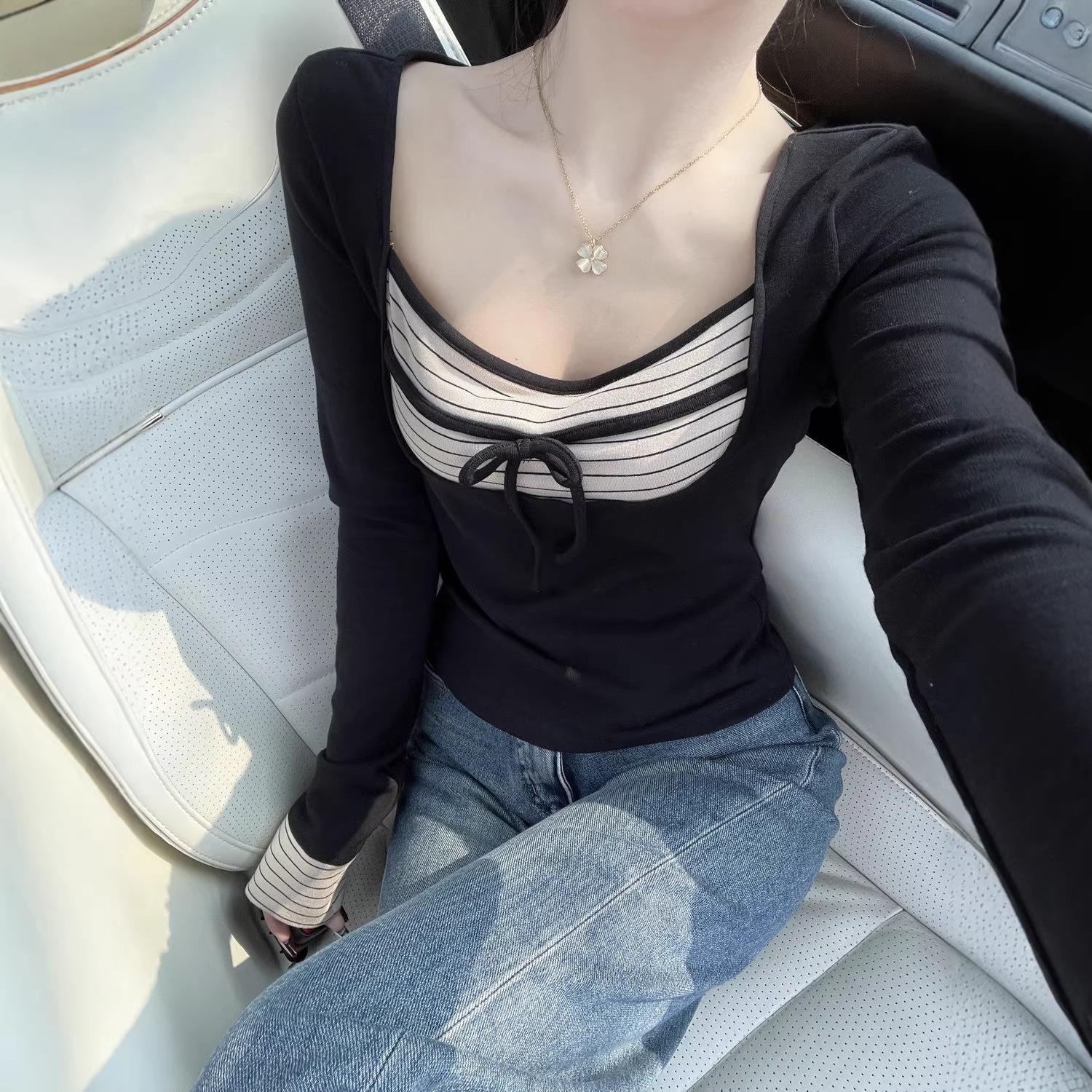 Women s Slim Fit Patchwork Striped Bow Square Neck Long Sleeve T-shirt for Autumn/Winter S чёрный