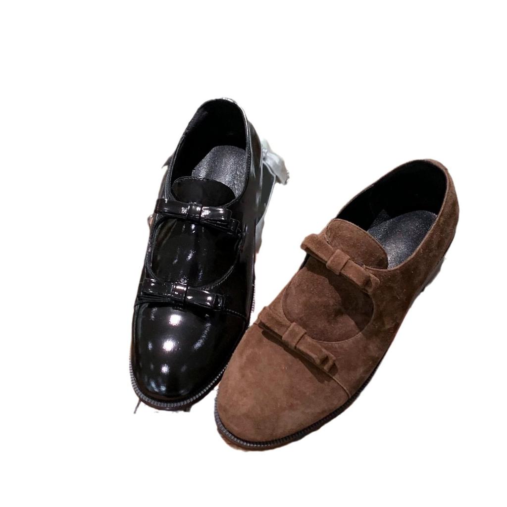 Retro Leather Double Bow Small Leather Shoes Women's 2025 Spring New Thick Heel Round Head Loafers Mary Jane Single Shoes