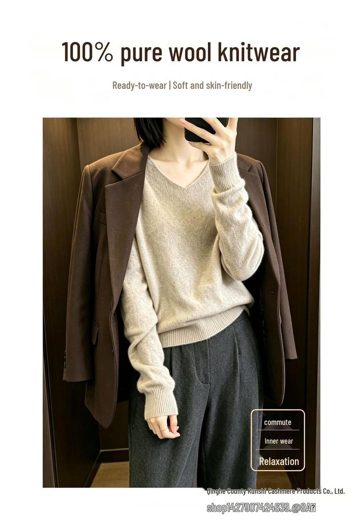 2026 Autumn/Winter 100% Wool Women's V-Neck Knit Sweater, Multi-Color Basic Top