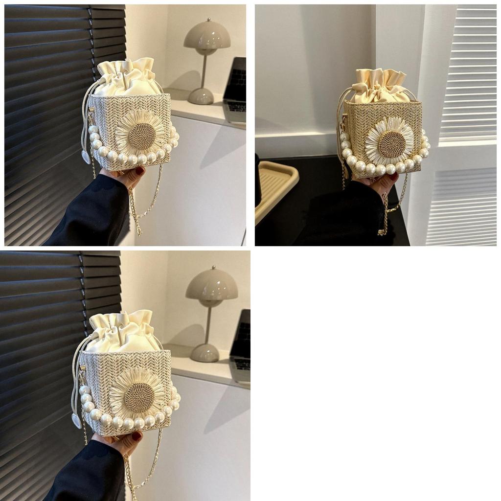 Trendy Woven Crossbody Bag With Pearl Embellishments For Girls