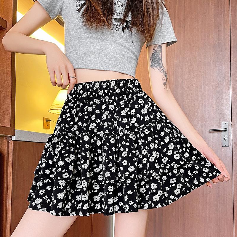 

Новая весенне-летняя юбка А-силуэта с высокой талией, тонкая юбка-тортик, юбка с мелким цветочным принтом XL чёрный