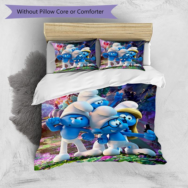 3pcs Duvet Cover Set (1*Duvet Cover + 2*Pillowcase, Without Core), Blue Smurfs Print Bedding Set, Bedroom Decor, All‑Season, Birthday Gift