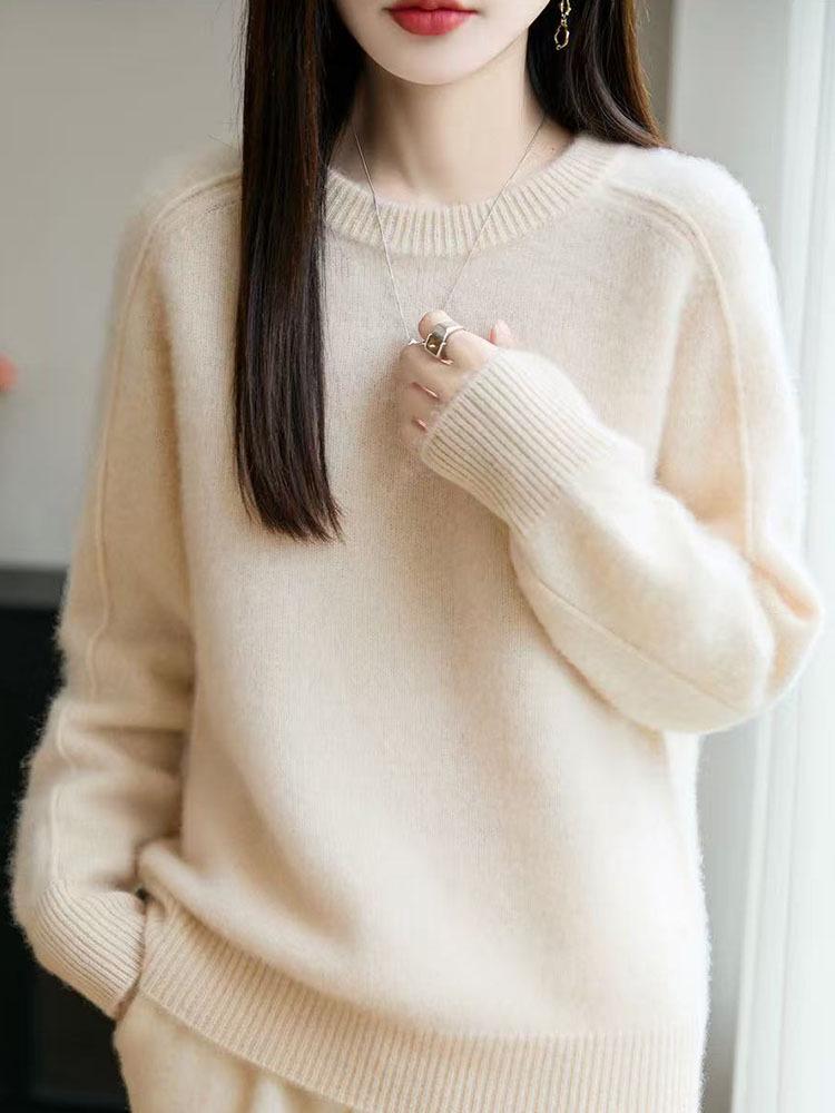 Women's Autumn Winter Thickened Wool Sweater - Round Neck, Simple, Loose Fit, Flaw-Covering, Slimming, Cross-Border Style.