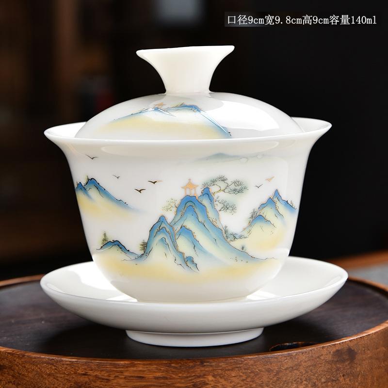 High Quality White Porcelain Gaiwan Gold Painted Cover Bowl Ceramic Tea Cup With Lid and Saucer Ceramic Kung Fu Tea Set Gai Wan