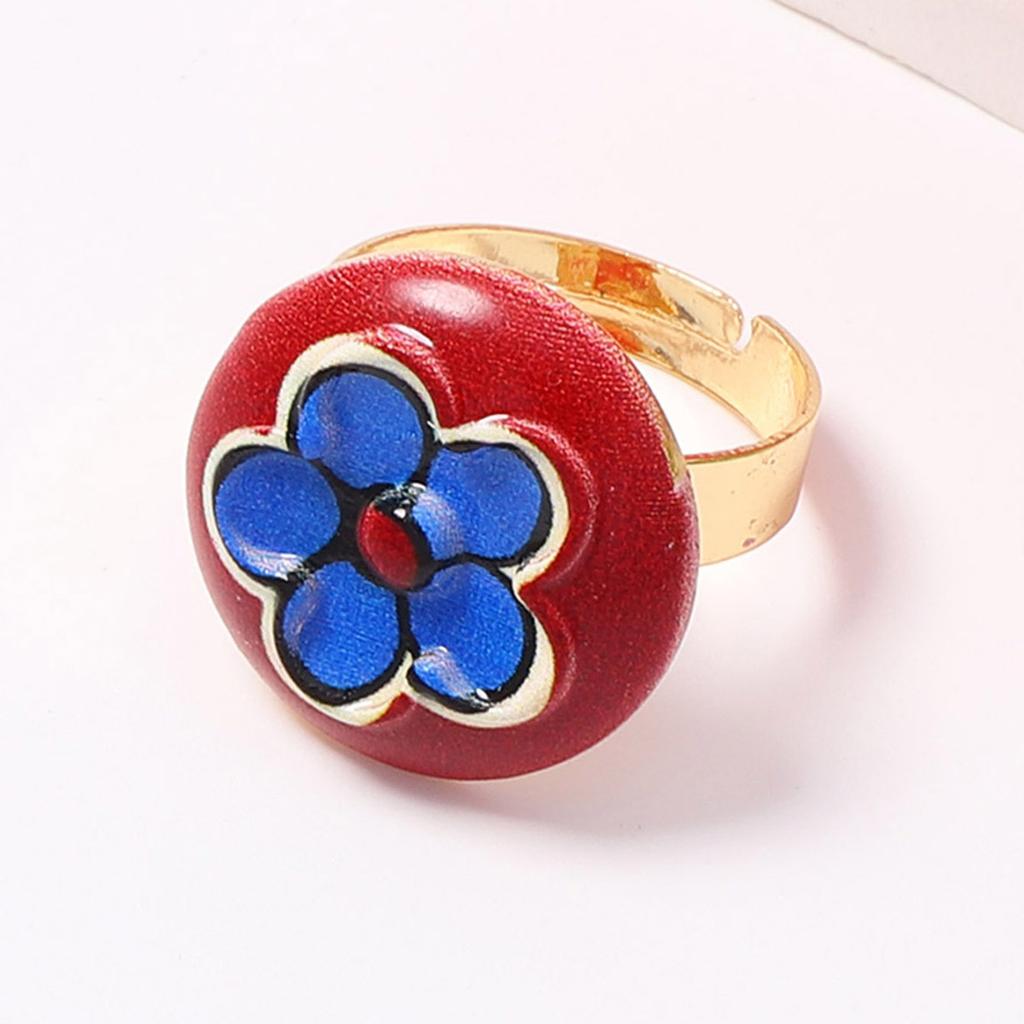 Vintage Elegant Geometric Round Enamel Flower Heart Opening Ring for Women Creative Design Rural Ethnic Style Jewelry New Gift