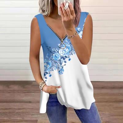 Women's Top Summer Slanted Rose Printed Casual Plus Size Sleeveless Zipper V-neck Top Tank Top