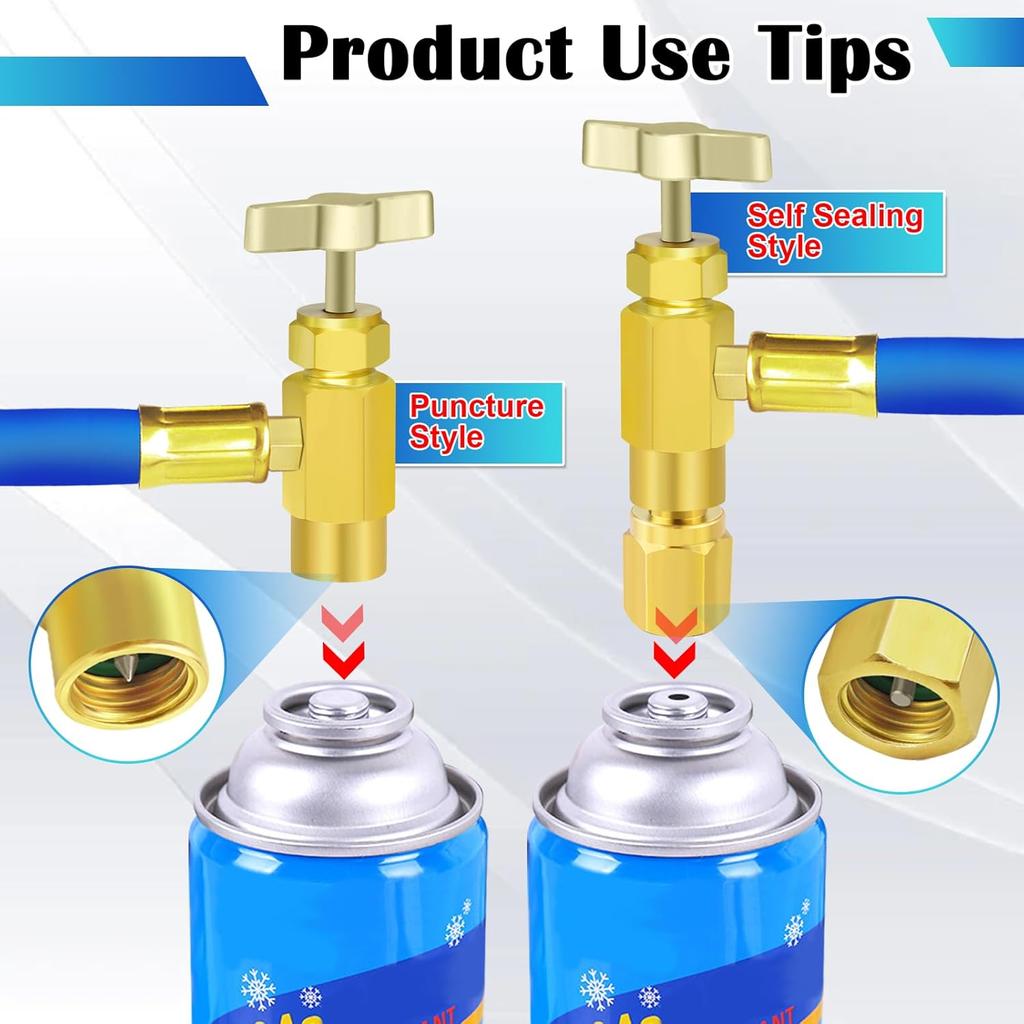 R134A Refrigerator Freon Recharge Hose Kit-R134a AC Refrigerant Charging Guage Hose Set with BPV31 Bullet Piercing Tap Valve and R134a Self-Sealing