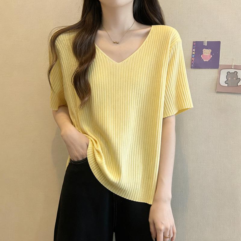 Plus Size Women s Ice Silk V-Neck Short Sleeve Tummy Concealing Ribbed Knit Top 4XL жёлтый