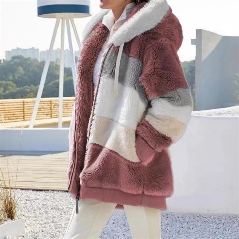 Winter Fashion Coat Ladies Warm Zipper Loose Hooded Coat Patchwork Design Large Size Thickened Outwear