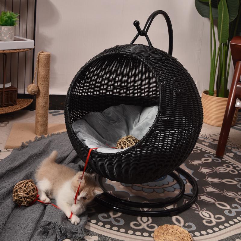 Cozy Rattan Cat Hanging Basket - Washable, Semi-Enclosed, All-Season Cat Bed for Winter Warmth