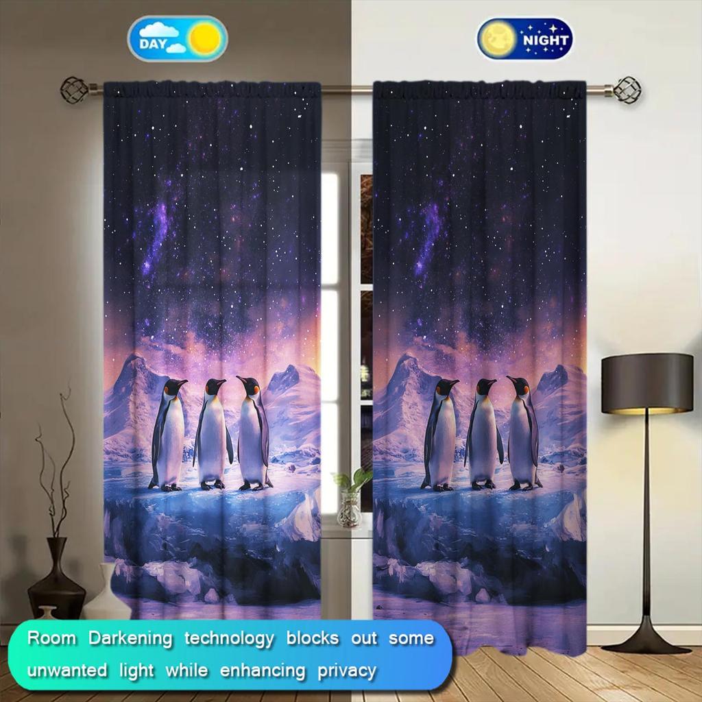 2 Panels Antarctic Glacier Penguin Decorative Curtains   Semi Transparent Without Lining   Durable Polyester Fiber Curtains