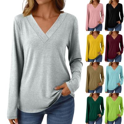 Women's Casual Fashion Brushed Solid Color Long-sleeved V-neck Top T-shirt