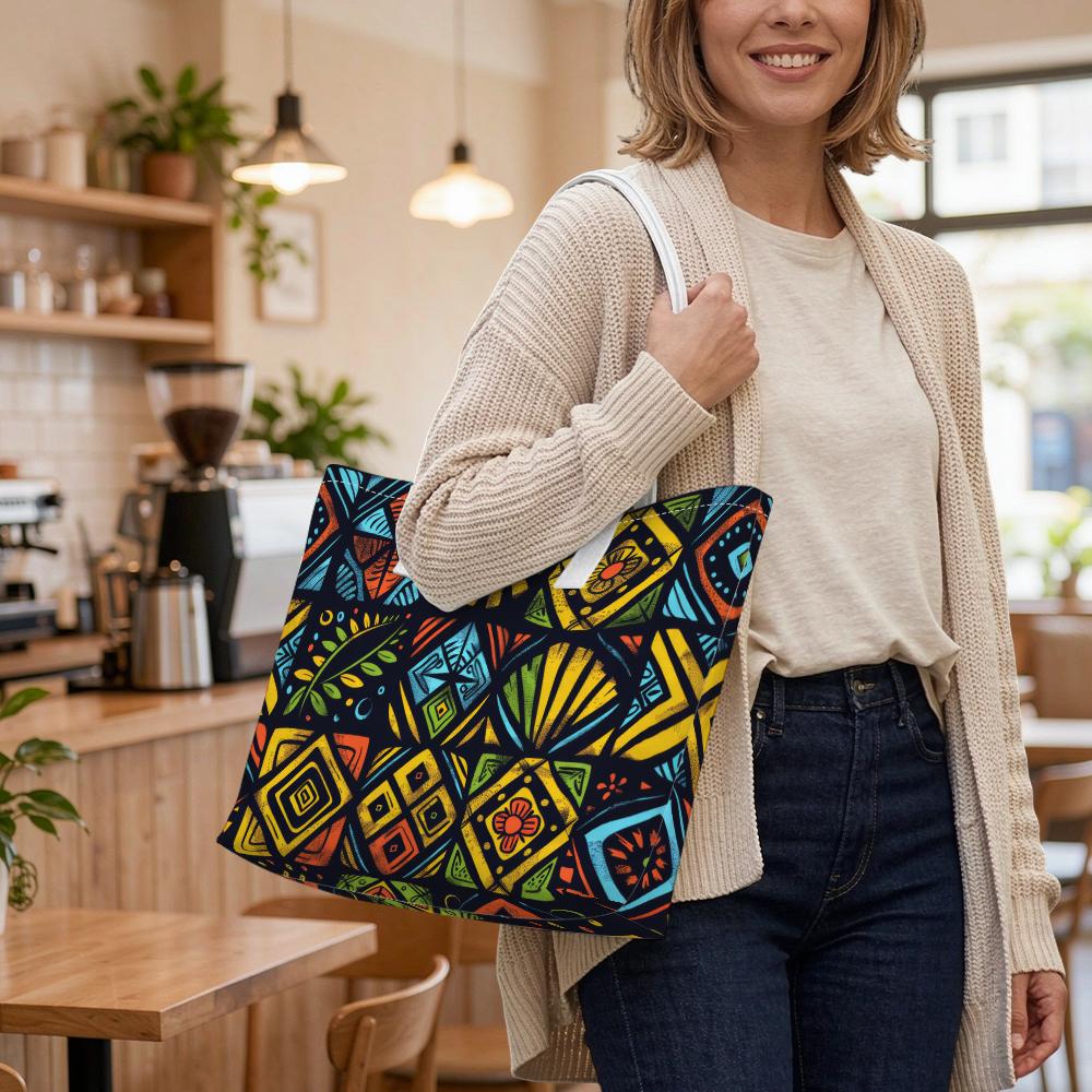 Vibrant Bohemian Tote Bag Geometric Print Casual Large Capacity Daily Carry Shoulder Handbag