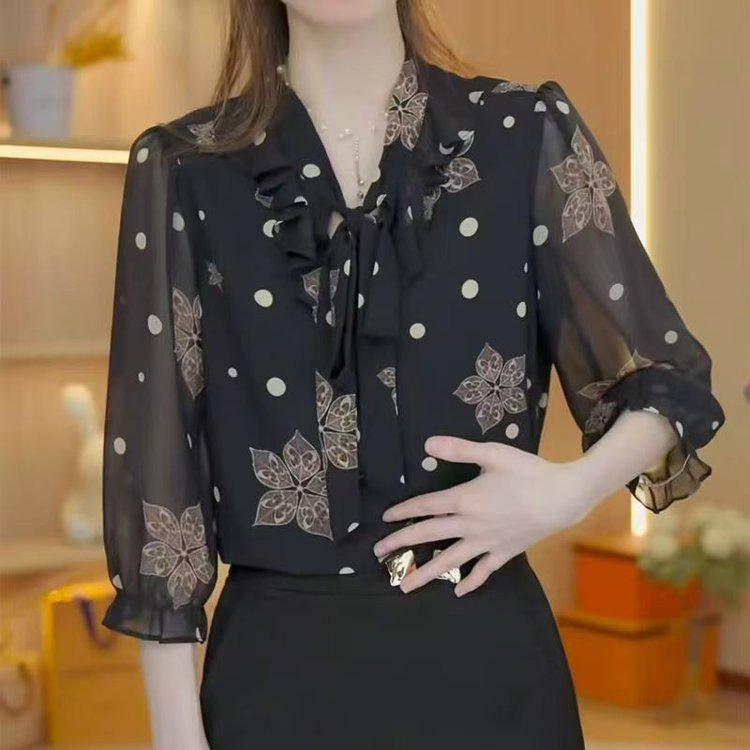 Elegant Black Polka Dot Chiffon Blouse for Women - Seven-Sleeve Slim Fit Top